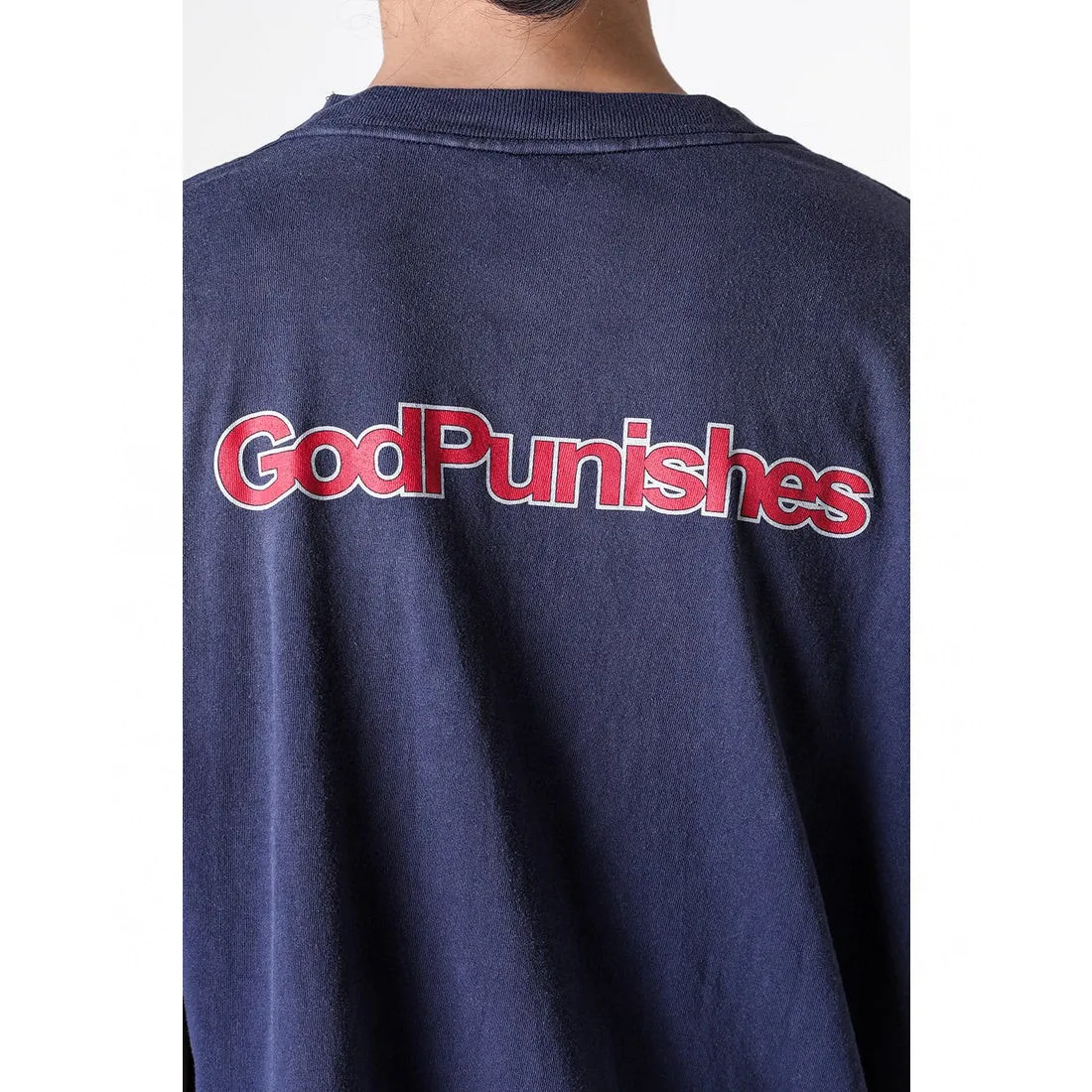 SAINT Mxxxxxx DEAD SAINT SS TEE/NAVY DEAD SAINT printed short sleeves God's Punishment TEE Washed blue S-XL Genuine consistent tube weaving without side seams High weight OE yarn fabric Assute dyeing Multiple horse fades Heavy wash water Worn holes Original consistent main mark/wash mark/little angel anti-counterfeiting mark